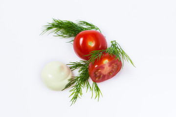 two red cherry tomatoes with dill sprigs and mayonnaise