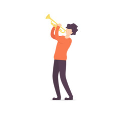 Young guy plays the trumpet jazz music. Flat vector illustration. 