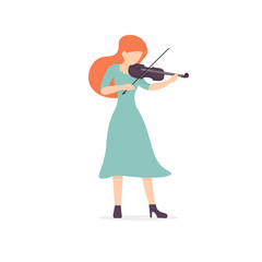 Woman violinist playing a classic concert, beautiful girl holding a violin. Flat vector illustration.