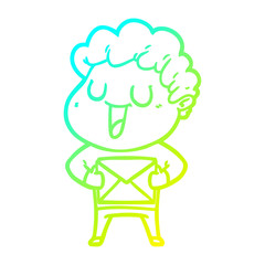 cold gradient line drawing laughing cartoon man with parcel
