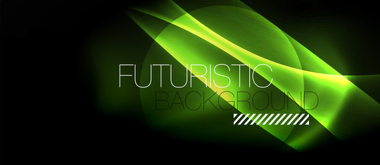 Dark background with neon color waves, vector template