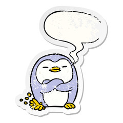 cartoon penguin tapping foot and speech bubble distressed sticker