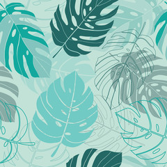 Seamless vector pattern tropical monstera leaves exotic plants, turquoise background © Elinnet