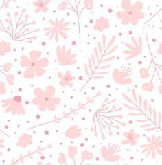 Doodle flowers seamless pattern for fabric. Girlish pink background