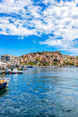 Port of Kavala, Eastern Macedonia, Northern Greece and view of the old town with the Byzantine fortress in the background