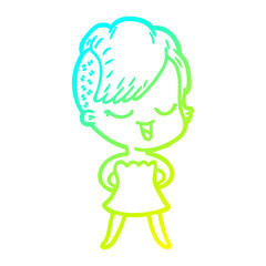 cold gradient line drawing happy cartoon girl in cocktail dress