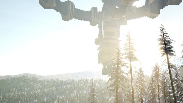 UFO hovering over a forest at sunset with light beam