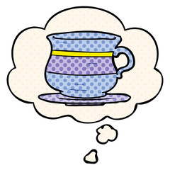 cartoon old tea cup and thought bubble in comic book style