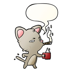 cartoon serious business cat and coffee and cigar and speech bubble in smooth gradient style