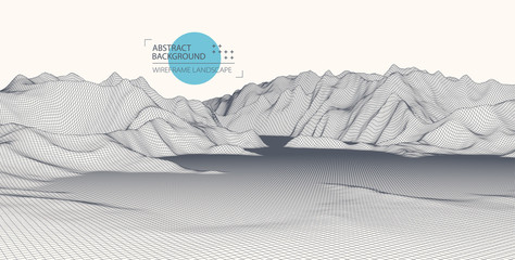 Wireframe landscape background. Futuristic vector illustration.