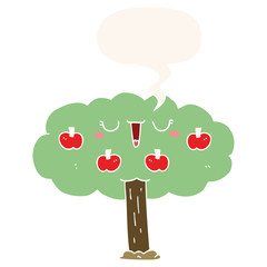 cartoon apple tree and speech bubble in retro style