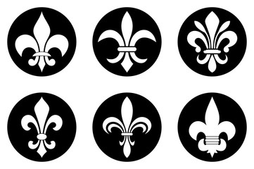 Weisse Fleur-de-lys Symbole in einem schwarzen Kreis. Verschiedenen Variationen auf einem isolierten weißen hintergrund Set von Lilien symbolen, verwendbar für alle heraldischen Anforderungen.