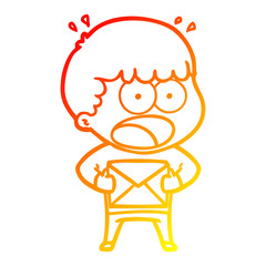 warm gradient line drawing cartoon shocked man holding envelope
