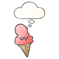 cartoon cool ice cream and thought bubble in smooth gradient style