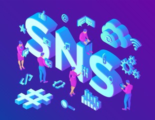 SNS. Social Networking Service - is an online platform which people use to build social networks or social relationship with other people. 3D isometric vector Illustration with icons and characters.