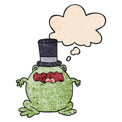 cartoon toad wearing top hat and thought bubble in grunge texture pattern style