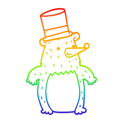 rainbow gradient line drawing cartoon bear in top hat