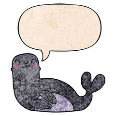 cartoon seal and speech bubble in retro texture style