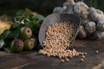 Chickpeas on the wooden table