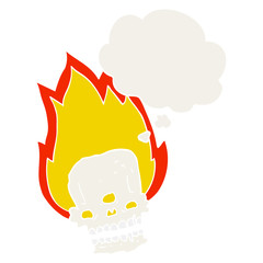 spooky cartoon flaming skull and thought bubble in retro style