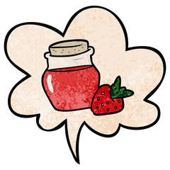 cartoon jar of strawberry jam and speech bubble in retro texture style