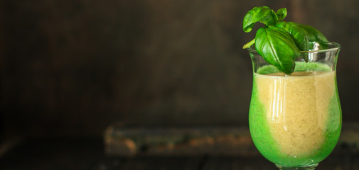 Smoothies, banana, avocado, chia seeds and more are healthy food concept. food background. top view