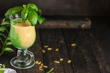 Smoothies, banana, avocado, chia seeds and more are healthy food concept. food background. top view