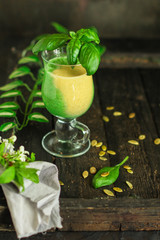 Smoothies, banana, avocado, chia seeds and more are healthy food concept. food background. top view