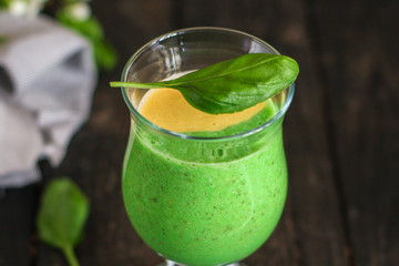 Smoothies, banana, avocado, chia seeds and more are healthy food concept. food background. top view