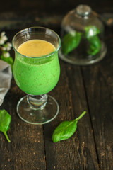 Smoothies, banana, avocado, chia seeds and more are healthy food concept. food background. top view