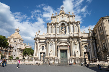 Fototapeta na wymiar CATANIA, ITALY - APRIL 8, 2018: The Basilica di Sant'agata and church Chiesa della Badia di Sant'Agata with the main square.