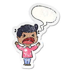 cartoon shouting man and speech bubble distressed sticker