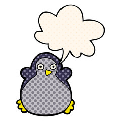 cartoon penguin and speech bubble in comic book style