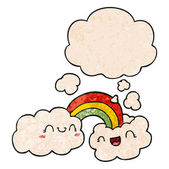 happy cartoon clouds and rainbow and thought bubble in grunge texture pattern style