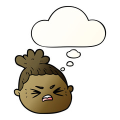 cartoon female face and thought bubble in smooth gradient style