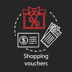Shopping vouchers concept chalk icon. Referral discount coupons idea. Special offer, bonuses. Tickets, money, sales. Vector isolated chalkboard illustration