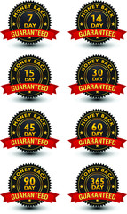 Luxurious blackish with golden lines money back guaranteed badge, sign, label, seal, stamp set with red ribbon isolated on white background. 