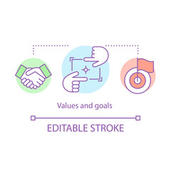 Values and goals concept icon. Multimedia mission, strategical promotion solutions, outside the box, teamwork growth idea thin line illustration. Vector isolated outline drawing. Editable stroke