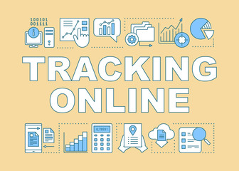 Tracking online yellow word concepts banner. Search optimization, data organization management Presentation, website. Isolated lettering typography idea with linear icons. Vector outline illustration