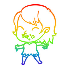 rainbow gradient line drawing cartoon vampire girl with blood on cheek