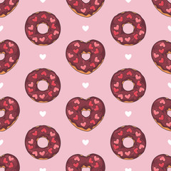 Vector seamless pattern. Glazed donuts decorated with toppings, chocolate, nuts.