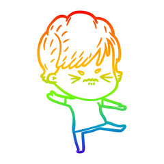 rainbow gradient line drawing cartoon frustrated woman