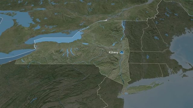 New York - state of the United States zoomed on the satellite map of the globe. Animation 3D