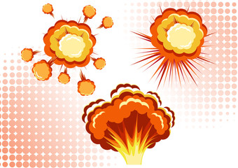 Cartoon vector bomb explosion with smoke. Cartoon style effect boom, explosion flash, bomb comic. Explosion with fire and cloud.