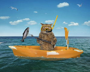 The cat underwater hunter in uniform with a speargun catched a big fish in the yellow plastic boat in the sea. - obrazy, fototapety, plakaty