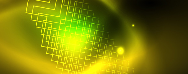 Techno glowing background, futuristic dark template with neon light effects and simple forms, vector