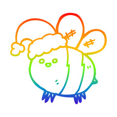 rainbow gradient line drawing cute cartoon bee wearing christmas hat