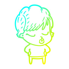 cold gradient line drawing cartoon woman with eyes shut