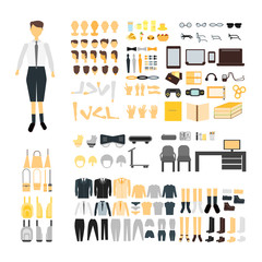 Set of school boy constructor character kit set. Male body parts, uniform, bag, back and front faces, hairstyles, dress, clothes flat isolated vector illustration on white background.