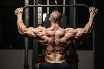 strong athletic men pumping up back muscles workout fitness - obrazy, fototapety, plakaty